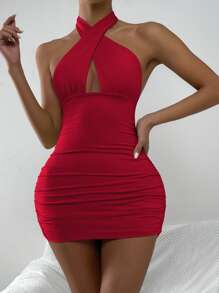 Chiquease 交叉前露背紧身吊带连衣裙 酒红色女装 - 酒紅色 - 查看 6