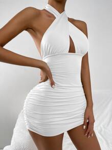 Chiquease Crisscross Front Peekaboo Open Back Bodycon Halter Dress - White - View 5