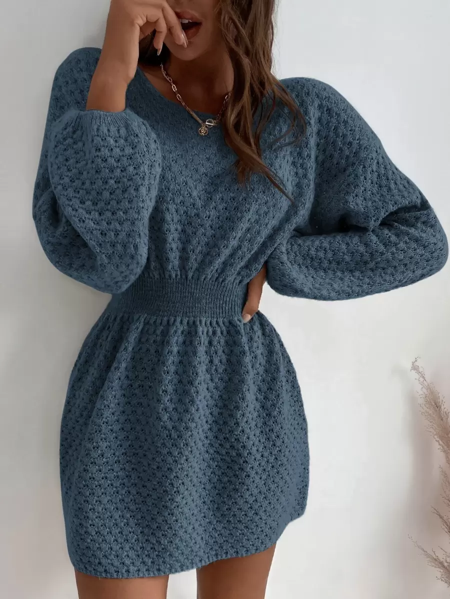 SHEIN Clasi Batwing Sleeve Corset Waist Jumper Dress - Dusty Blue - View 1