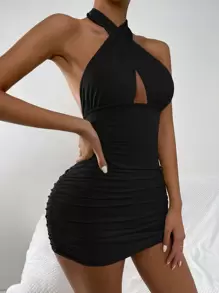 Chiquease Crisscross Front Peekaboo Open Back Bodycon Halter Dress