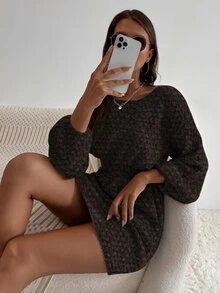 SHEIN LUNE 蝙蝠袖束腰毛衣裙 - 巧克力棕 - 查看 4