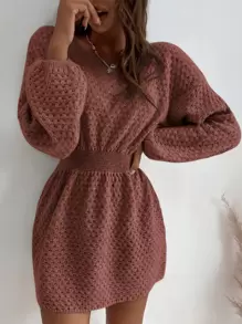 SHEIN LUNE 蝙蝠袖束腰毛衣裙 - 紅木色 - 查看 1