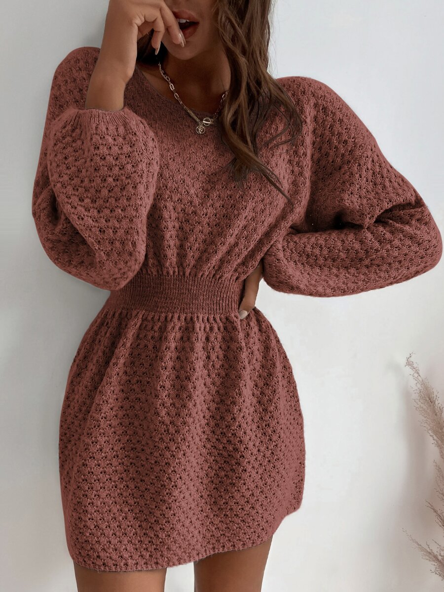 SHEIN LUNE 蝙蝠袖束腰毛衣裙 - 紅木色 - 查看 1