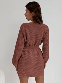 SHEIN LUNE 蝙蝠袖束腰毛衣裙 - 紅木色 - 查看 2
