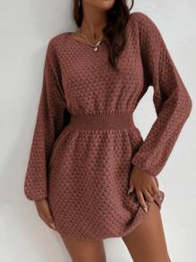 SHEIN LUNE 蝙蝠袖束腰毛衣裙 - 紅木色 - 查看 3