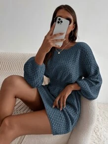 SHEIN Clasi Batwing Sleeve Corset Waist Jumper Dress - Dusty Blue - View 5