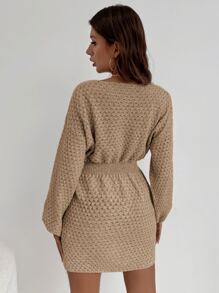 SHEIN LUNE Ladies áo len váy áo nịt màu trơn Thanh lịch - Màu Khaki - Xem 2