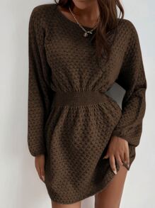 SHEIN LUNE 蝙蝠袖束腰毛衣裙 - 巧克力棕 - 查看 5