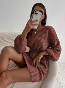 SHEIN LUNE 蝙蝠袖束腰毛衣裙 - 紅木色 - 查看 6