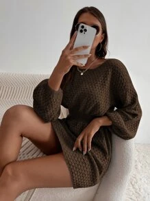 SHEIN LUNE 蝙蝠袖束腰毛衣裙 - 巧克力棕 - 查看 6