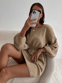 SHEIN LUNE Ladies áo len váy áo nịt màu trơn Thanh lịch - Màu Khaki - Xem 5