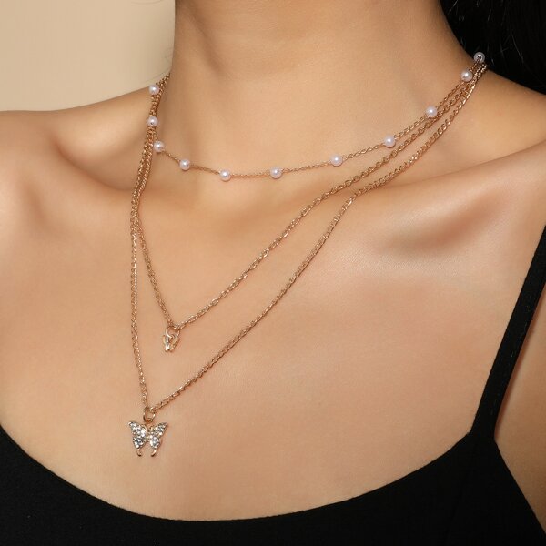 

3pcs Rhinestone Butterfly Charm Necklace, Gold