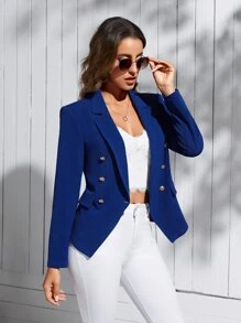 SHEIN Clasi Lapel Neck Double Breasted Blazer - Navy Blue - View 3
