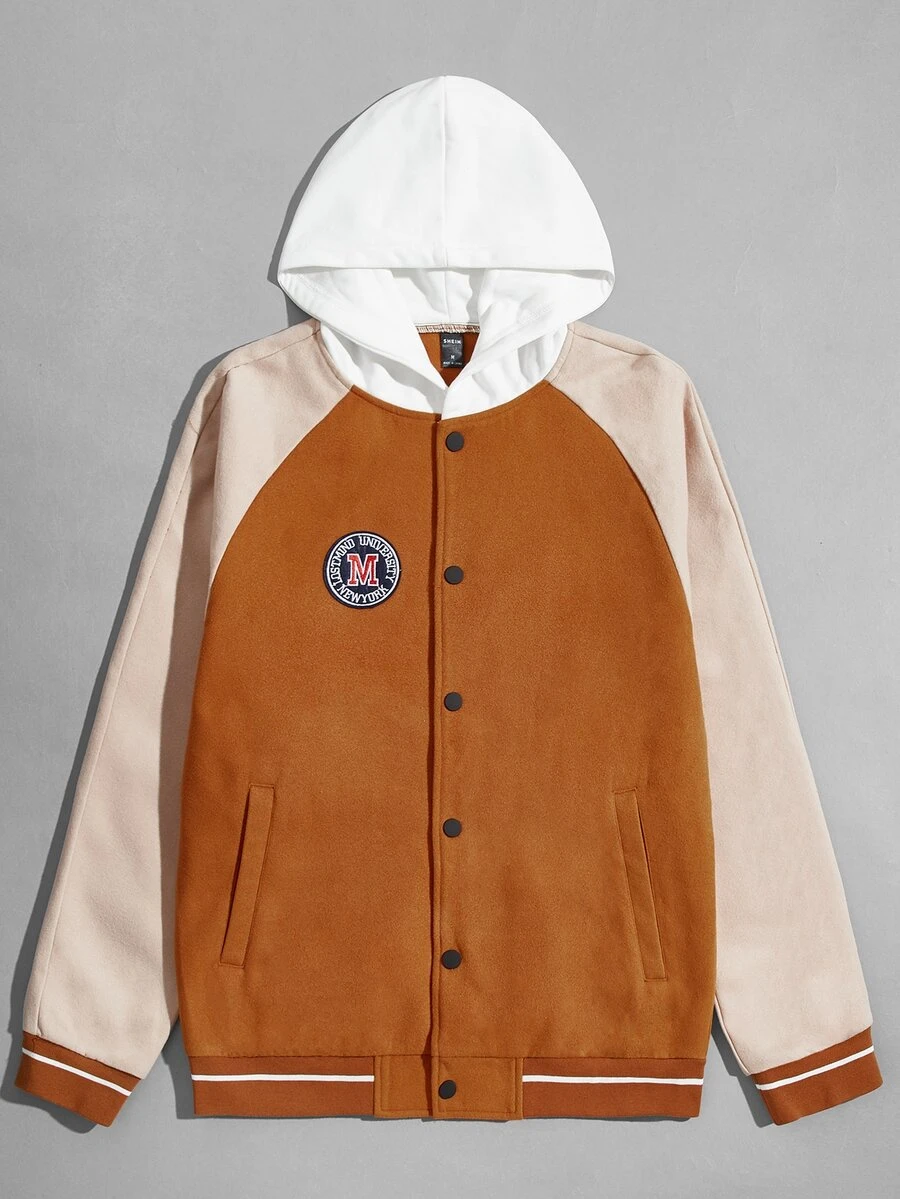 Manfinity Men Colour Block Patched Detail Raglan Sleeve Hooded Wool-Mix Jacket - Multicolor - View 1