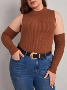 Plus Cold Shoulder Ribbed Knit Jumper - Rust Brown - View 1