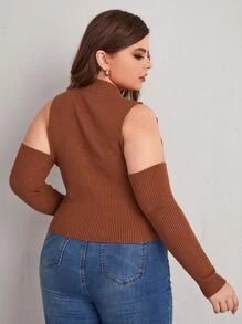 Plus Cold Shoulder Ribbed Knit Jumper - Rust Brown - View 2
