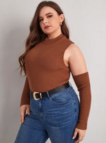 Plus Cold Shoulder Ribbed Knit Jumper - Rust Brown - View 4