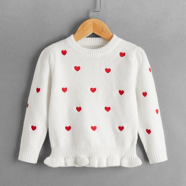 

Toddler Girls Heart Pattern Frill Hem Sweater, White