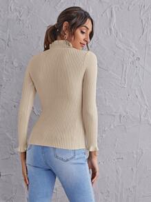 SHEIN Clasi Jersey delgado tejido de canalé de cuello alto con fruncido - Beis - Ver 2