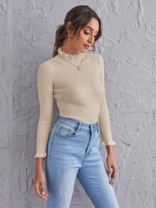 SHEIN Clasi Jersey delgado tejido de canalé de cuello alto con fruncido - Beis - Ver 3