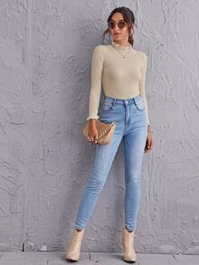 SHEIN Clasi Jersey delgado tejido de canalé de cuello alto con fruncido - Beis - Ver 4