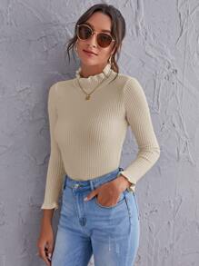 SHEIN Clasi Jersey delgado tejido de canalé de cuello alto con fruncido - Beis - Ver 5