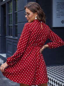 SHEIN Clasi 波卡圓點後鎖孔燈籠袖連衣裙 - 紅白色 - 查看 2