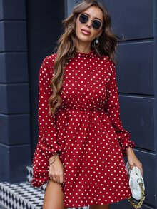 SHEIN Clasi 波卡圓點後鎖孔燈籠袖連衣裙 - 紅白色 - 查看 6
