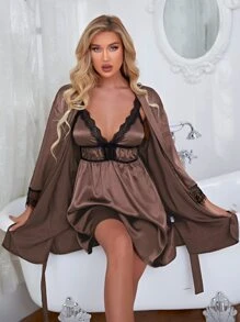 2 piezas set de noche de satén con encaje en contraste de rayas - Café integral - Ver 1