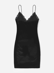 Muchica Lace Trim Velvet Cami Dress - Black - View 2