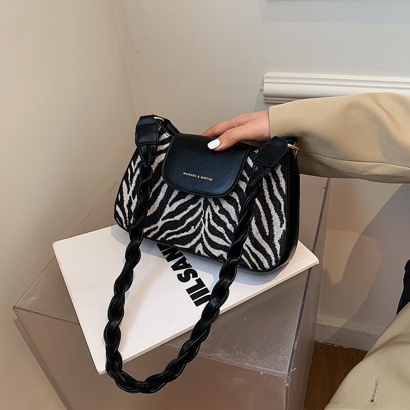 

Zebra Striped Shoulder Bag, Black and white