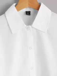 SHEIN EZwear Solid Button Front Crop White Shirt,Long Sleeve Tops - White - View 3