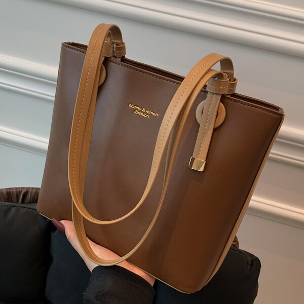 

Letter Detail Shoulder Tote Bag, Coffee brown