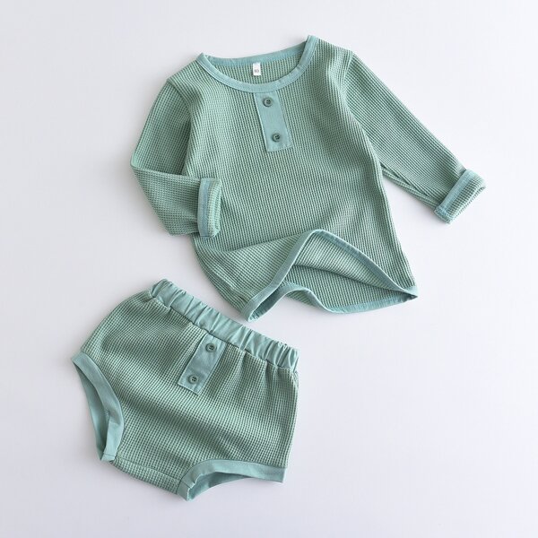 

Baby Unisex Waffle Knit Tee With Shorts, Mint green