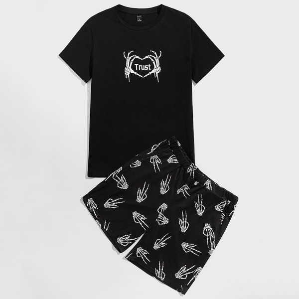 

Men Letter And Skeleton Finger Print Lounge Set, Black