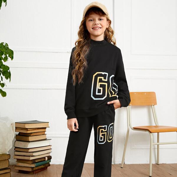 

Girls Letter Graphic Stand Neck Sweatshirt & Sweatpants, Black