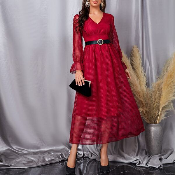 

Flounce Sleeve Zip Back A-line Dress Without Belt, Rose red