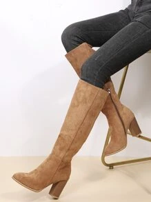 EMERY ROSE Minimalist Side Zipper Chunky Heeled Boots - Apricot - View 1