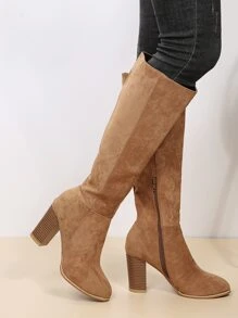 EMERY ROSE Minimalist Side Zipper Chunky Heeled Boots - Apricot - View 2