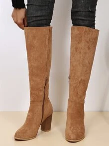 EMERY ROSE Minimalist Side Zipper Chunky Heeled Boots - Apricot - View 5