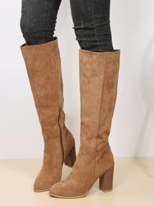 EMERY ROSE Minimalist Side Zipper Chunky Heeled Boots - Apricot - View 6