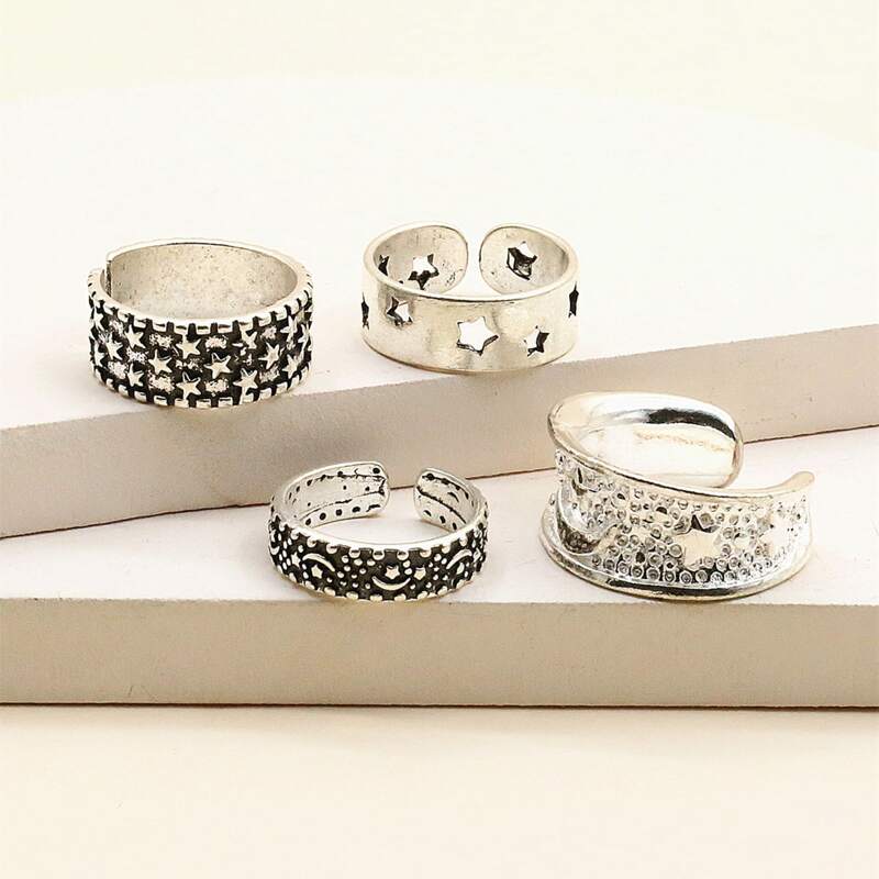 

4pcs Star Decor Ring, Antique silver