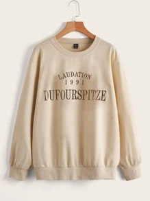 大碼字母刺繡落肩袖保暖套頭衫 - 卡其色 - 查看 1