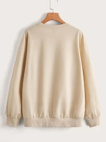 大碼字母刺繡落肩袖保暖套頭衫 - 卡其色 - 查看 2