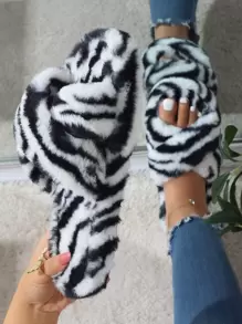 Zapatillas con patrón de rayas de cebra con tira cruzada mullido - Blanco y Negro - Ver 1