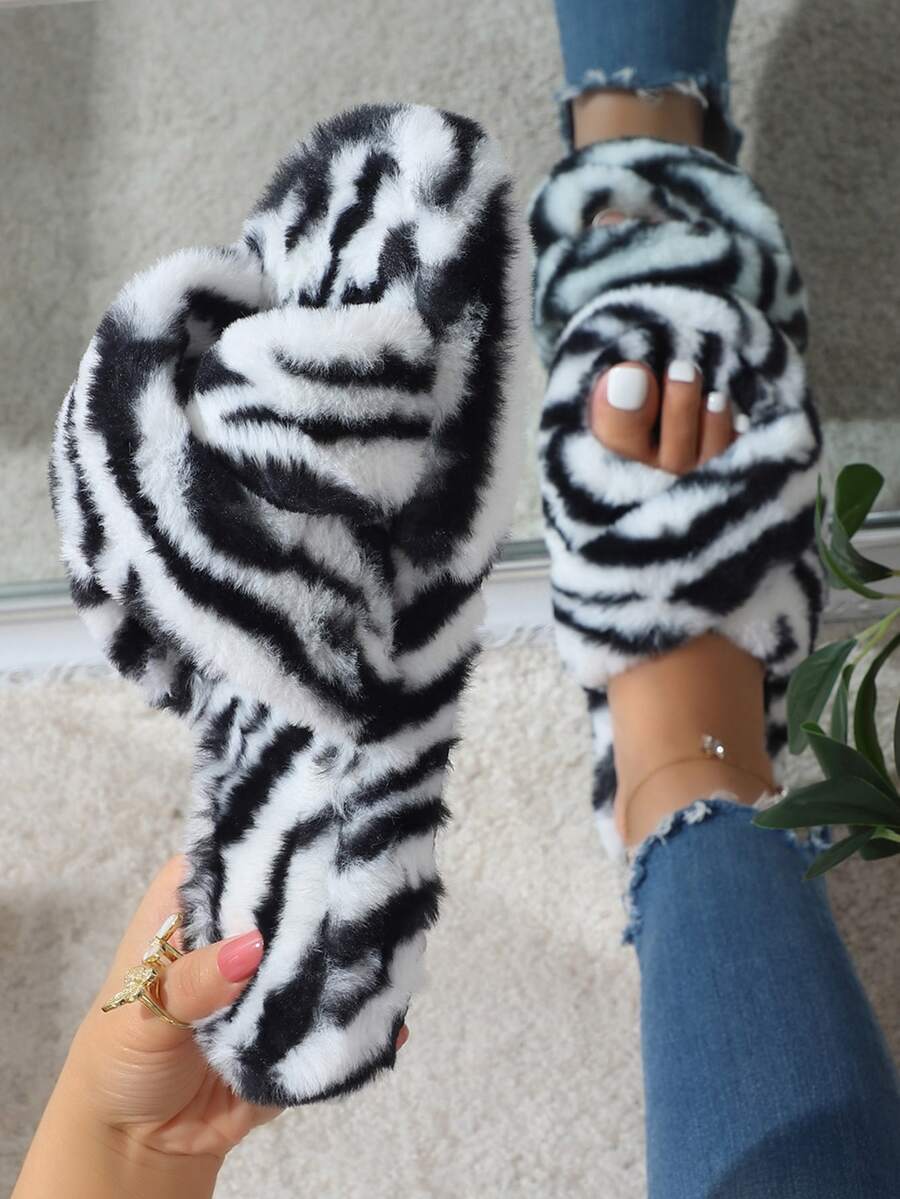 Zapatillas con patrón de rayas de cebra con tira cruzada mullido - Blanco y Negro - Ver 1