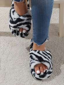 Zapatillas con patrón de rayas de cebra con tira cruzada mullido - Blanco y Negro - Ver 3