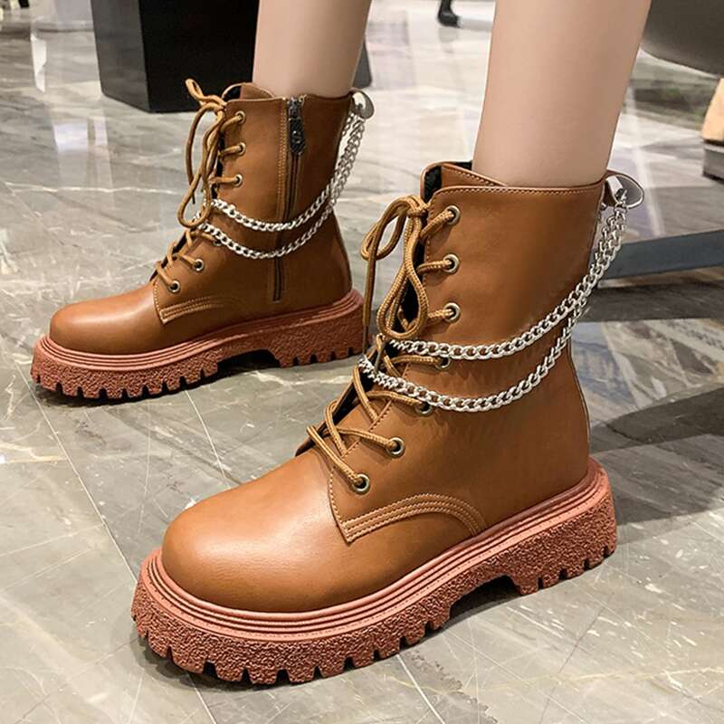 

Chain Decor Lace Up Front Boots, Brown