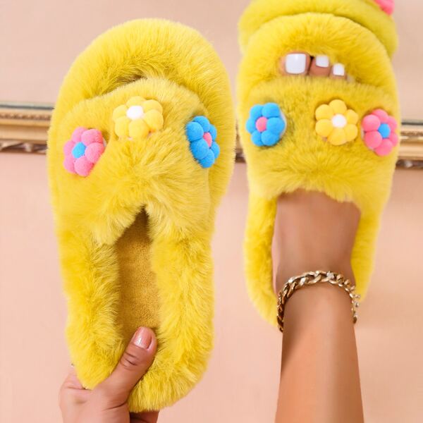 

Flower Decor Fluffy Novelty Slippers, Yellow