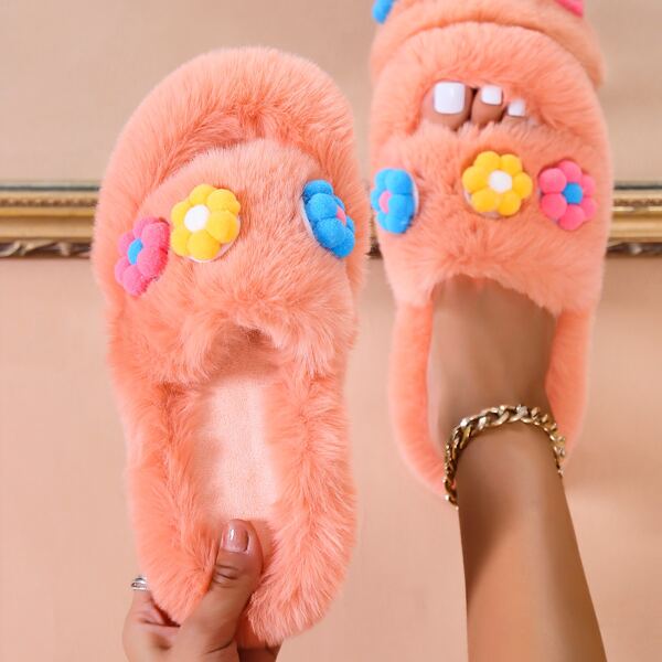 

Flower Decor Fluffy Bedroom Slippers, Watermelon pink